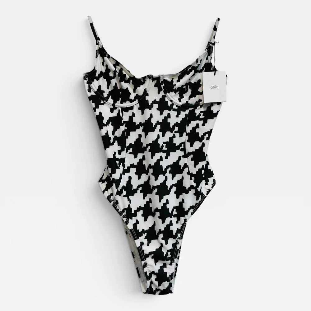 Onia Womens Black White Houndstooth Underwire One Piece Swimsuit Size Large NWT